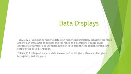 Data Displays TEKS 6.12 C Summarize numeric data with numerical summaries, including the mean and median (measures of center) and the range and interquartile.