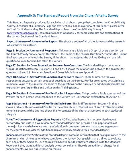 Appendix 3: The Standard Report From the Church Vitality Survey This Standard Report is produced for each church or church group that completes the Church.