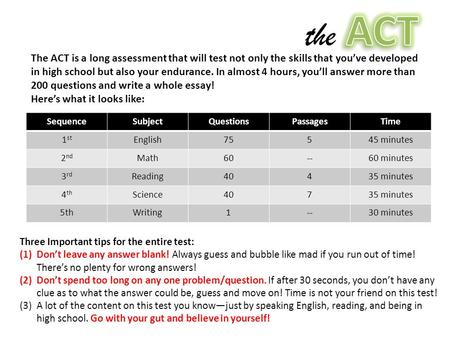 SequenceSubjectQuestionsPassagesTime 1 st English75545 minutes 2 nd Math60--60 minutes 3 rd Reading40435 minutes 4 th Science40735 minutes 5thWriting1--30.