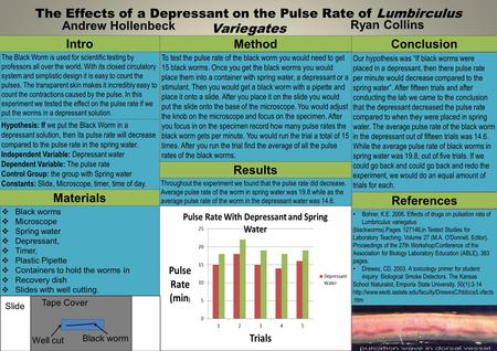 The Effects of a Depressant on the Pulse Rate of Lumbirculus Variegates Intro The Black Worm is used for scientific testing by professors all over the.