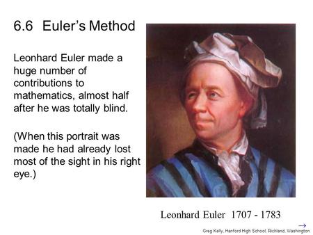 6.6 Euler’s Method Leonhard Euler made a huge number of contributions to mathematics, almost half after he was totally blind. (When this portrait was made.