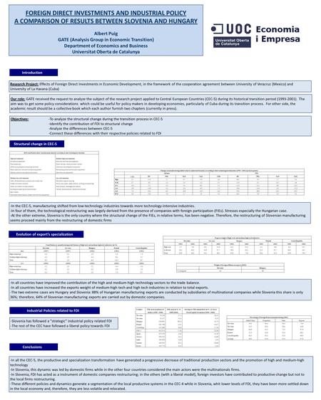FOREIGN DIRECT INVESTMENTS AND INDUSTRIAL POLICY A COMPARISON OF RESULTS BETWEEN SLOVENIA AND HUNGARY Albert Puig GATE (Analysis Group in Economic Transition)