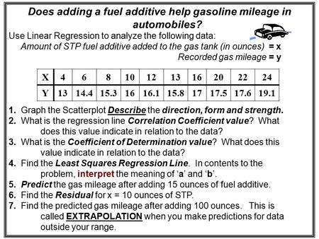 Does adding a fuel additive help gasoline mileage in automobiles? Use Linear Regression to analyze the following data: Amount of STP fuel additive added.