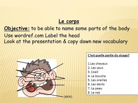 Le corps Objective: to be able to name some parts of the body Use wordref.com Label the head Look at the presentation & copy down new vocabulary C’est.