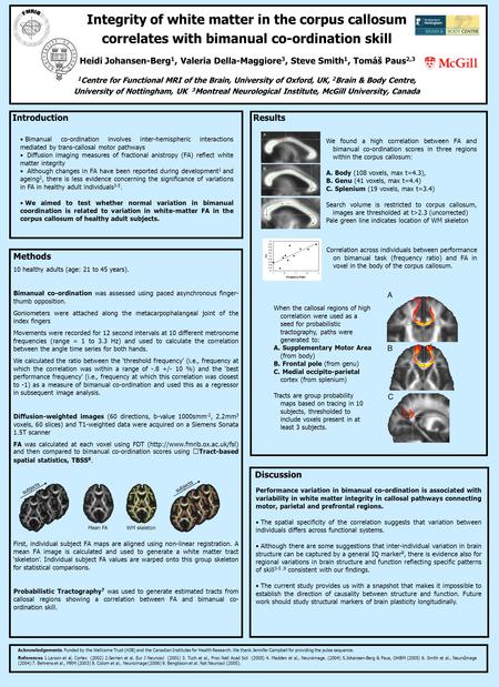 Integrity of white matter in the corpus callosum correlates with bimanual co-ordination skill Heidi Johansen-Berg 1, Valeria Della-Maggiore 3, Steve Smith.