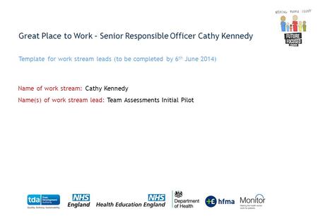 Great Place to Work – Senior Responsible Officer Cathy Kennedy Template for work stream leads (to be completed by 6 th June 2014) Name of work stream: