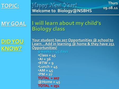 TOPIC: MY GOAL DID YOU KNOW? Happy New Year! Welcome to I will learn about my child’s Biology class Your student has 207