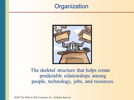 ©2007 The McGraw-Hill Companies, Inc., All Rights Reserved Organization The skeletal structure that helps create predictable relationships among people,