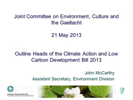 Joint Committee on Environment, Culture and the Gaeltacht 21 May 2013 Outline Heads of the Climate Action and Low Carbon Development Bill 2013 John McCarthy.