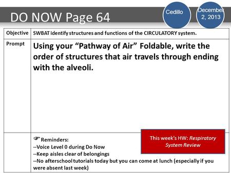 DO NOW Page 64 Objective SWBAT identify structures and functions of the CIRCULATORY system. Prompt Using your “Pathway of Air” Foldable, write the order.