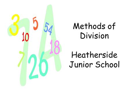 Methods of Division Heatherside Junior School. ÷ DIVISION ÷ share share equally equal groups of divide divided by divided into divisible by remainder.