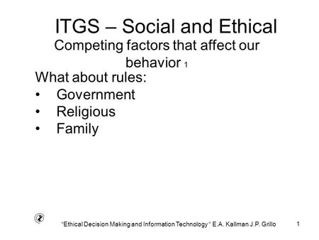 1 ITGS – Social and Ethical What about rules: Government Religious Family Competing factors that affect our behavior 1 “Ethical Decision Making and Information.