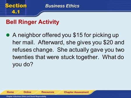 Bell Ringer Activity A neighbor offered you $15 for picking up her mail. Afterward, she gives you $20 and refuses change. She actually gave you two twenties.