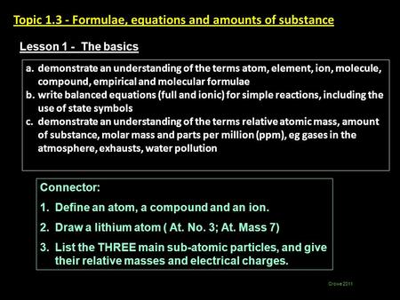 Topic Formulae, equations and amounts of substance