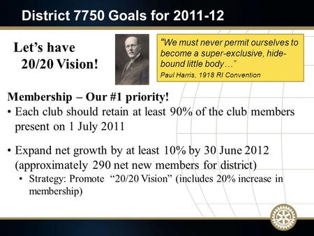 Membership – Our #1 priority! Each club should retain at least 90% of the club members present on 1 July 2011 Expand net growth by at least 10% by 30 June.