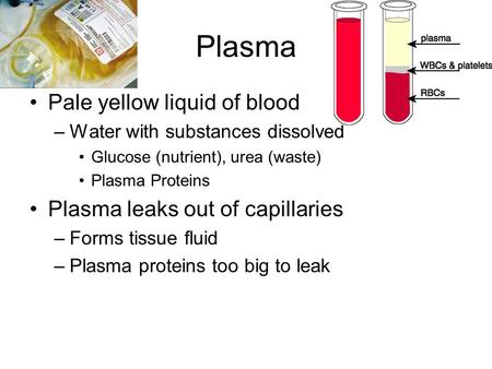 Plasma Pale yellow liquid of blood Plasma leaks out of capillaries