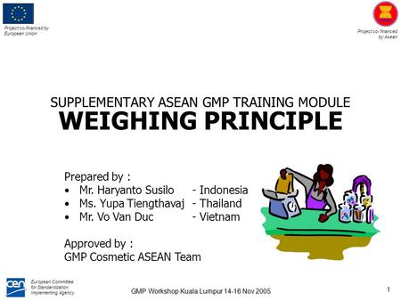 Project co-financed by European Union Project co- financed by Asean European Committee for Standardization Implementing Agency GMP Workshop Kuala Lumpur.