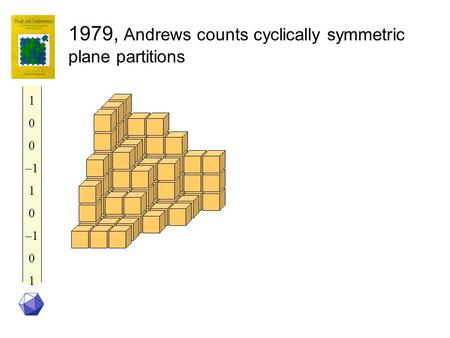 1 0 –1 1 0 –1 0 1 1979, Andrews counts cyclically symmetric plane partitions.