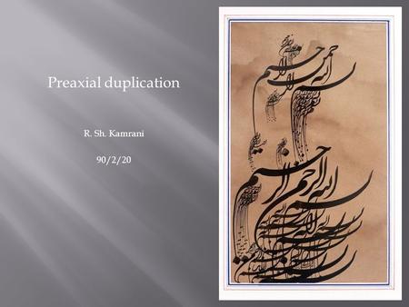 Preaxial duplication R. Sh. Kamrani 90/2/20.  Incidence  1-2% of neonate with congenital anomaly  10% with upper extremity anomaly.