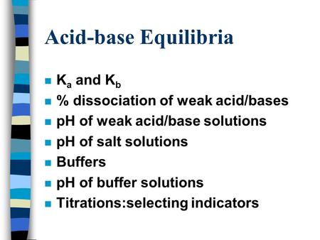 Acid-base Equilibria n K a and K b n % dissociation of weak acid/bases n pH of weak acid/base solutions n pH of salt solutions n Buffers n pH of buffer.