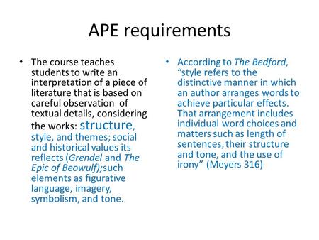 APE requirements The course teaches students to write an interpretation of a piece of literature that is based on careful observation of textual details,