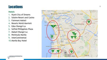 1 Locations Ninoy Aquino International Airport 1 Hotels 1.Hyatt City of Dreams 2.Solaire Resort and Casino 3.Fairmont Makati 4.Resorts World Marriott 5.Edsa.