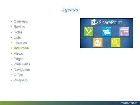 Transportation Agenda 77. Transportation About Columns Each file in a library and item in a list has properties For example, a Word document can have.