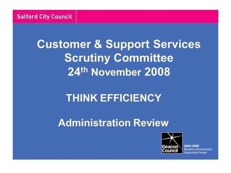 THINK EFFICIENCY Administration Review Customer & Support Services Scrutiny Committee 24 th November 2008.