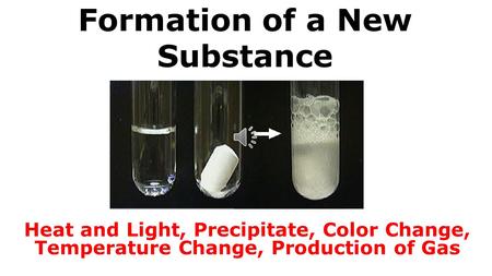 Formation of a New Substance Heat and Light, Precipitate, Color Change, Temperature Change, Production of Gas.