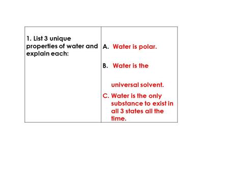 1. List 3 unique properties of water and explain each: