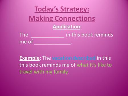 Today’s Strategy: Making Connections Application: The ____________ in this book reminds me of _____________. Example: The vacation described in this this.