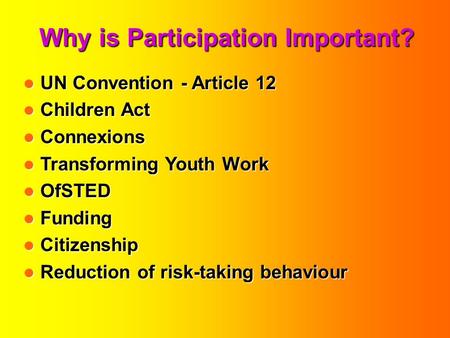 Why is Participation Important? UN Convention - Article 12 UN Convention - Article 12 Children Act Children Act Connexions Connexions Transforming Youth.