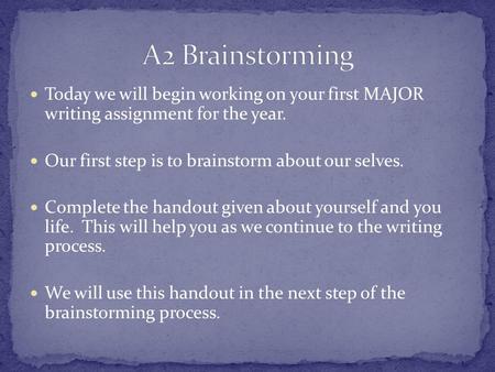 Today we will begin working on your first MAJOR writing assignment for the year. Our first step is to brainstorm about our selves. Complete the handout.