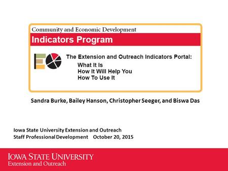 Iowa State University Extension and Outreach Staff Professional Development October 20, 2015 Sandra Burke, Bailey Hanson, Christopher Seeger, and Biswa.