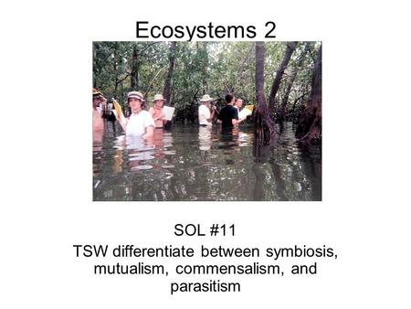 Ecosystems 2 SOL #11 TSW differentiate between symbiosis, mutualism, commensalism, and parasitism.