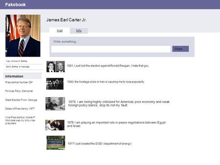Fakebook James Earl Carter Jr. View photos of Jimmy Send Jimmy a message Wall Info Write something… Share Information Presidential Number:39 th Political.