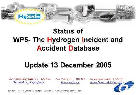 HySafe Coordination Committee Meeting no. 8, December 13, 2005, INASMET San Sebastian Status of WP5- The Hydrogen Incident and Accident Database Update.