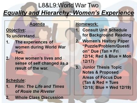 L8&L9:World War Two Equality and Hierarchy: Women’s Experience Agenda Objective: To understand… 1.The experiences of women during World War Two. 2.How.