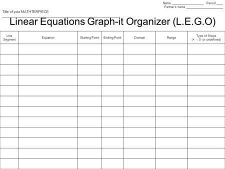 Linear Equations Graph-it Organizer (L.E.G.O) Line Segment EquationStarting PointEnding PointDomainRange Type of Slope (+, -, 0, or undefined) Name ___________________.