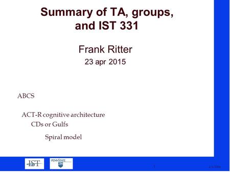 2/1/2016 1 Summary of TA, groups, and IST 331 Frank Ritter 23 apr 2015 ABCS ACT-R cognitive architecture Spiral model CDs or Gulfs.