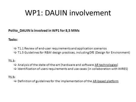 WP1: DAUIN involvement Polito_DAUIN is involved in WP1 for 8,5 MMs Tasks:  T1.1 Review of end-user requirements and application scenarios  T1.5 Guidelines.