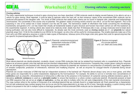 Page: Cloning vehicles The basic experimental techniques involved in gene cloning have now been described. A DNA molecule needs to display several features.