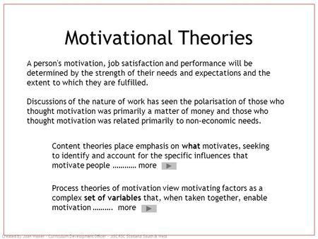 Created by Joan Walker – Curriculum Development Officer – JISC RSC Scotland South & West Motivational Theories Content theories place emphasis on what.