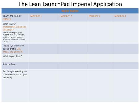 The Lean LaunchPad Imperial Application Team Name TEAM MEMBERS NAMES Member 1Member 2Member 3Member 4 What is your professional status and affiliation?