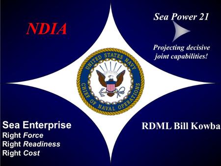 Sea Enterprise Right Force Right Readiness Right Cost RDML Bill Kowba Projecting decisive joint capabilities! Sea Power 21 NDIA.