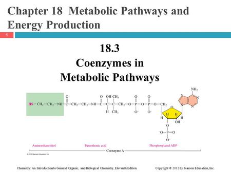 Chemistry: An Introduction to General, Organic, and Biological Chemistry, Eleventh Edition Copyright © 2012 by Pearson Education, Inc. Chapter 18 Metabolic.