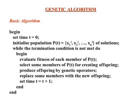 GENETIC ALGORITHM Basic Algorithm begin set time t = 0;