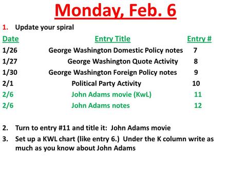 Monday, Feb. 6 1. Update your spiral DateEntry TitleEntry # 1/26George Washington Domestic Policy notes 7 1/27 George Washington Quote Activity 8 1/30George.