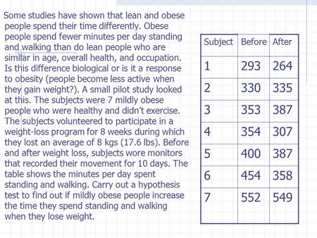 Some studies have shown that lean and obese people spend their time differently. Obese people spend fewer minutes per day standing and walking than do.