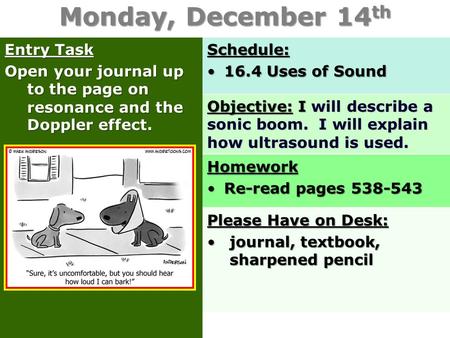 Monday, December 14 th Entry Task Open your journal up to the page on resonance and the Doppler effect. Schedule: 16.4 Uses of Sound16.4 Uses of Sound.